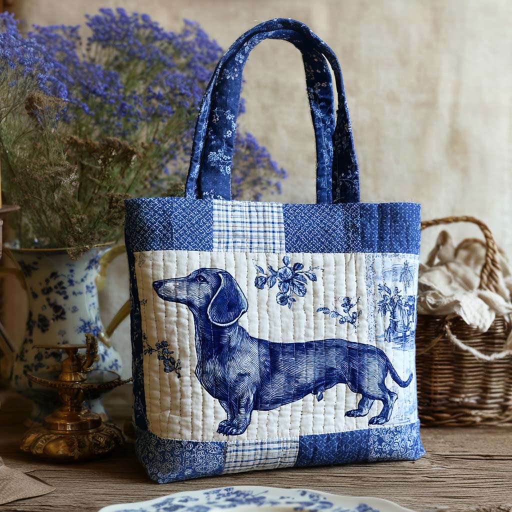 Blue Dachshund Smile Quilted Tote Bag Large Tote Bag Present Ideas For Dog Lovers