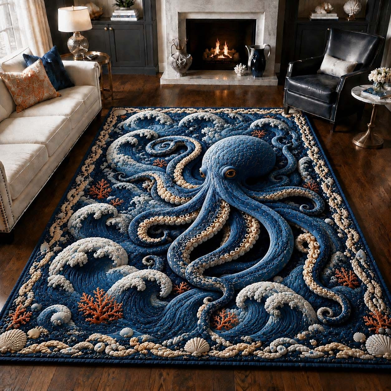 Blue Wave Octopus Quilted Area Rug Nautical Home Decor Best Gift For Ocean Lovers