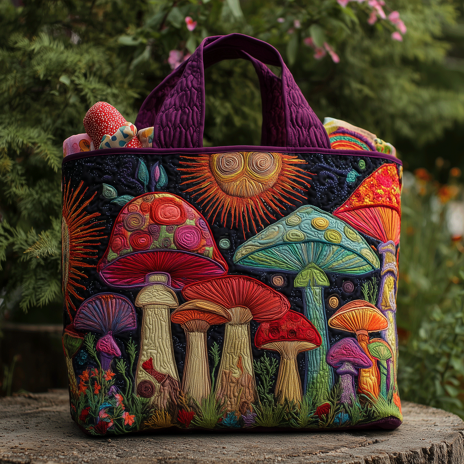Boho Fungi Vibes Quilted Tote Bag Popular Womens Tote Bags Gifts For Mushroom Growers