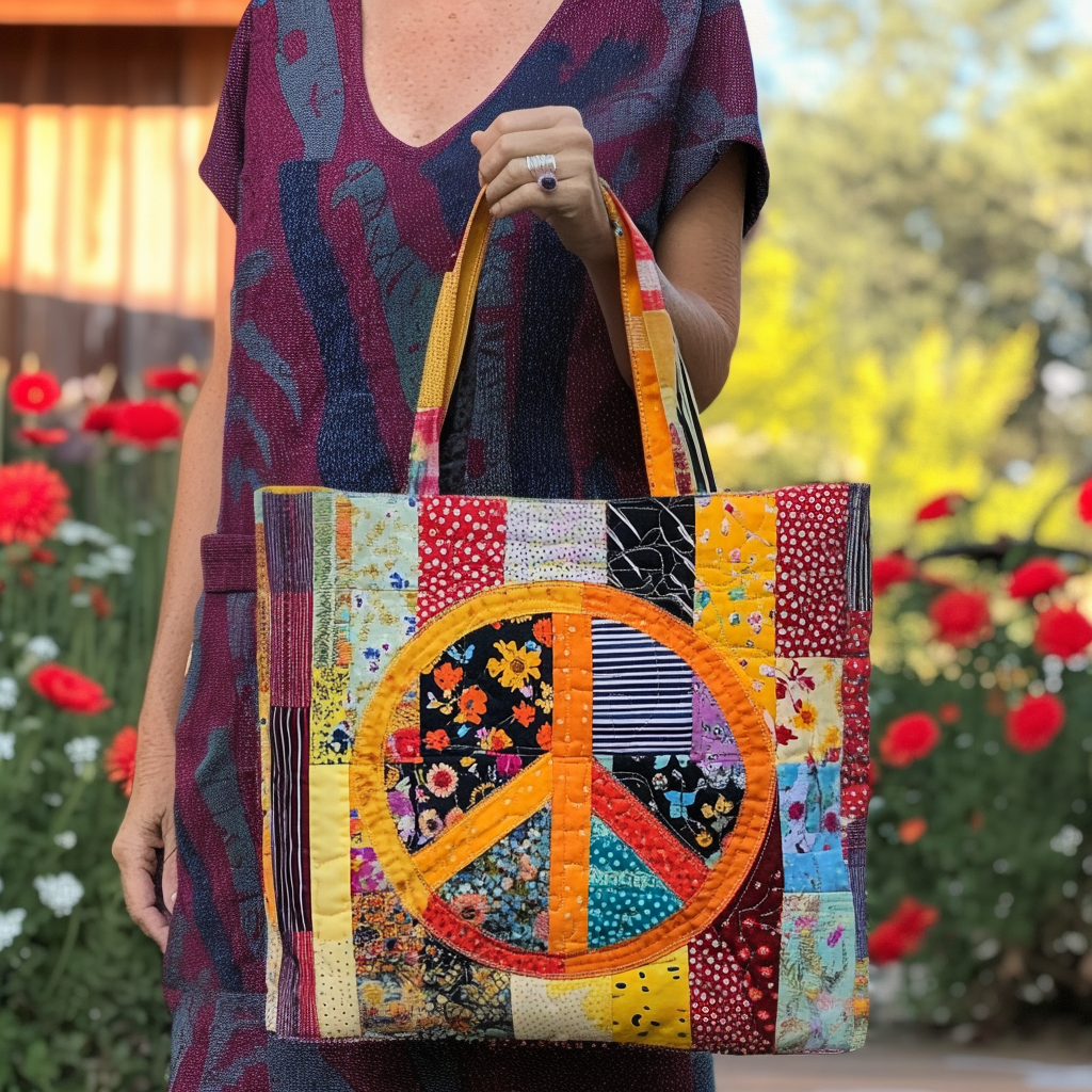 Boho Peace Bloom Quilted Tote Bag Tote Bag Shoulder Birthday Gift For Hippie Friend