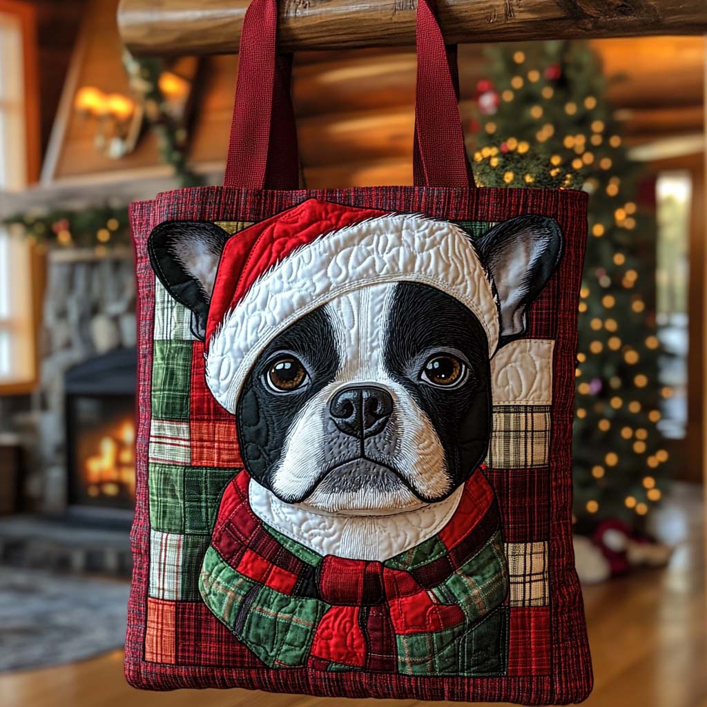 Boston Terrier Claus Quilted Tote Bag Best Quality Tote Bags Good Presents For Dog Lovers