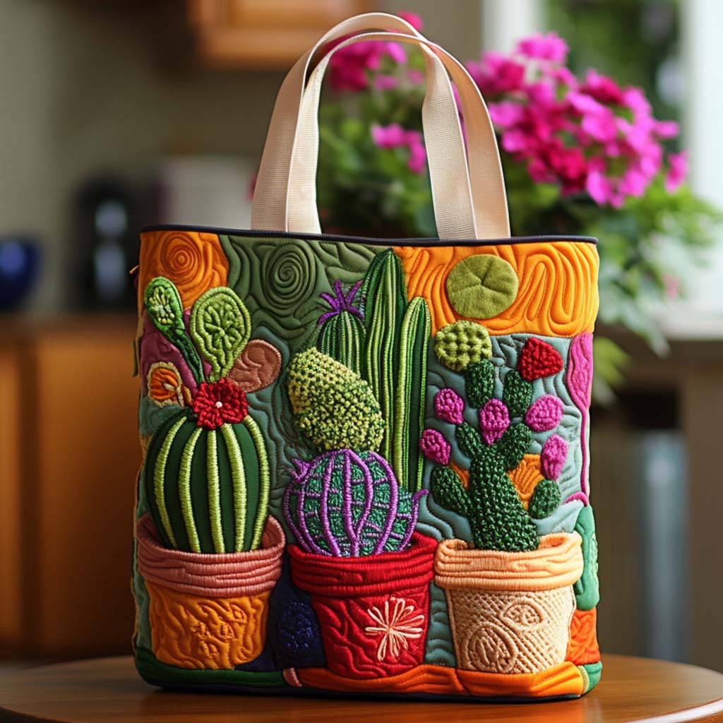 Cactus Moonlight Quilted Tote Bag Popular Designer Totes Cactus Themed Birthday Gifts