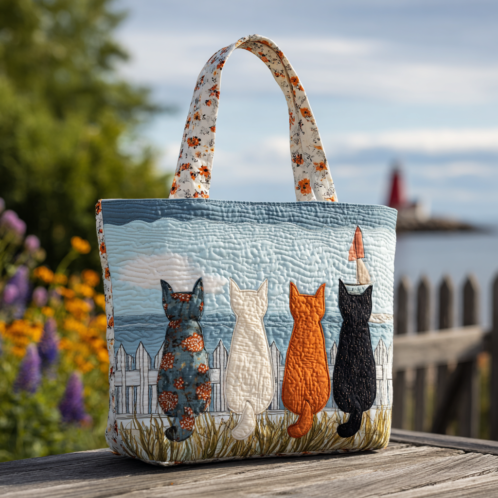 Cat Horizon Quilted Tote Bag Patchwork Tote Bag Birthday Gifts For Cat Lovers