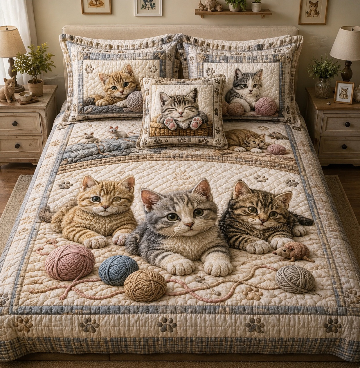 Cat Quilted Bedding Set Farmhouse Kitten Bedding Decor Gift Ideas