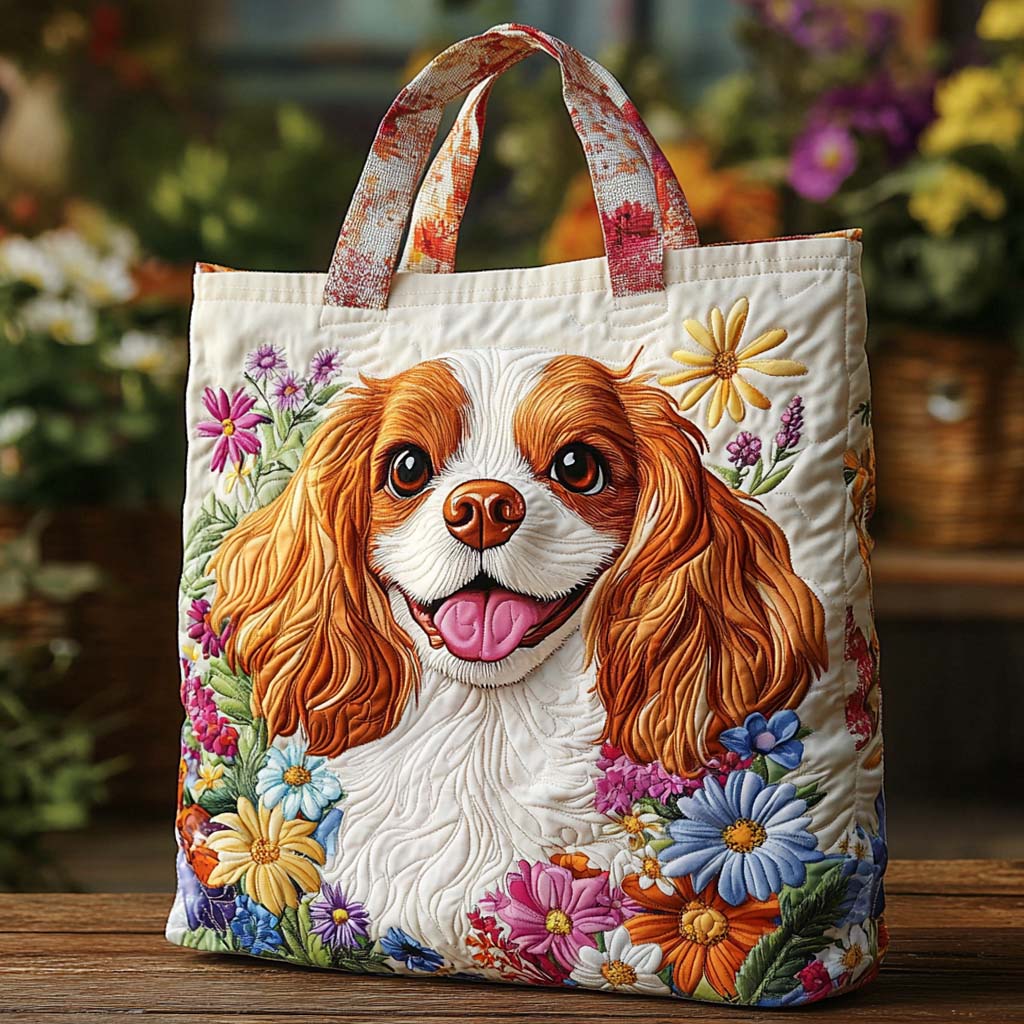 Cavalier Blossom Quilted Tote Bag Shoulder Bag Dog Related Gifts