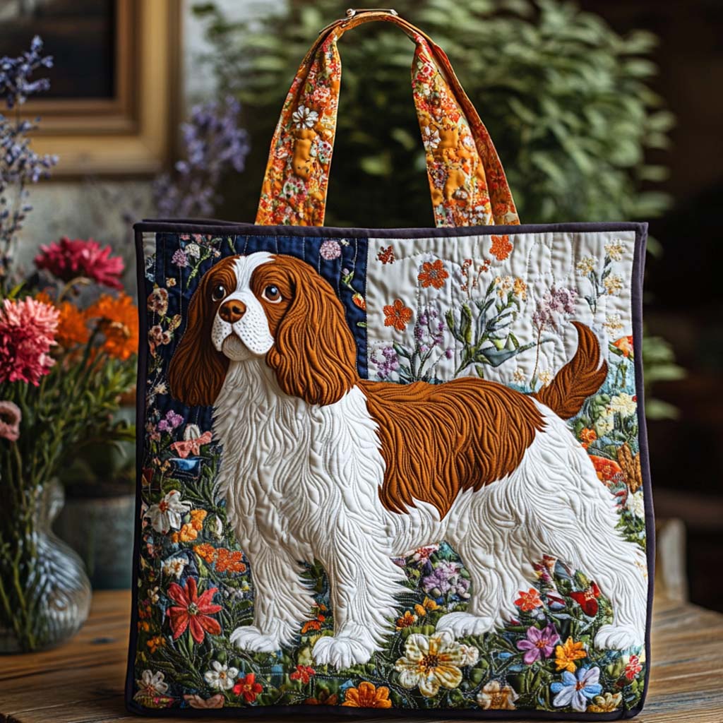 Cavalier Vintage Blossom Quilted Tote Bag Women's Shoulder Handbags Gift Ideas For Pet Lovers