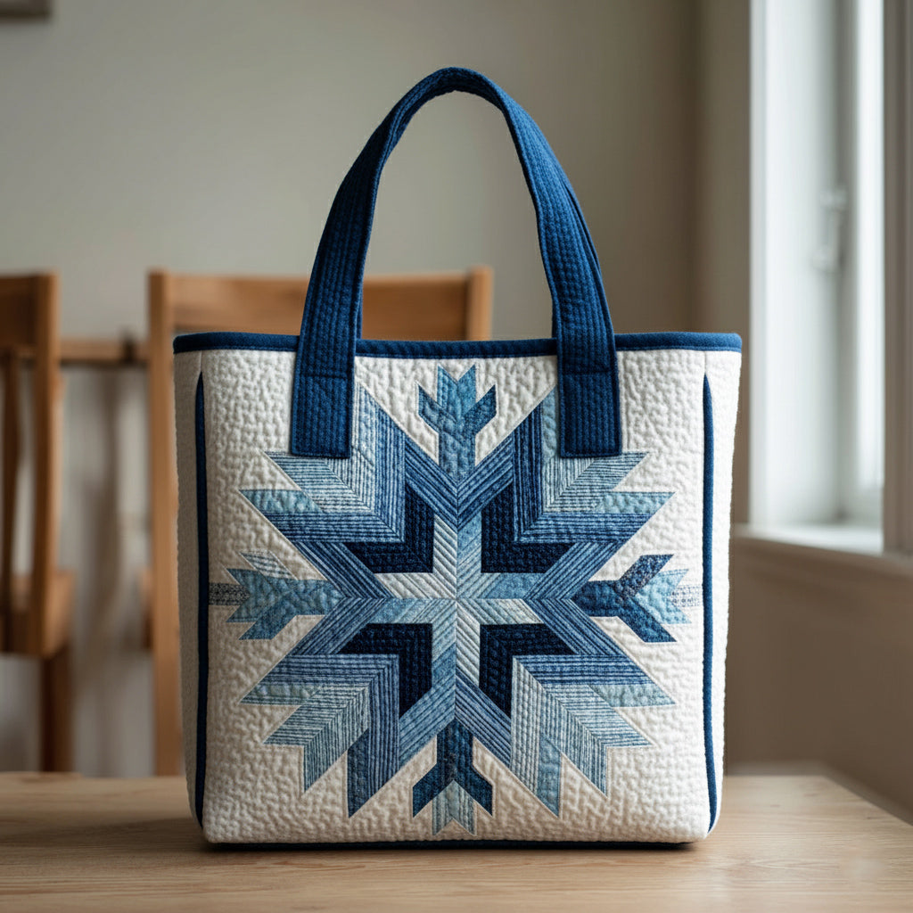 Cerulean Snowflake Motif Quilted Tote Bag Santa Claus Handbag Secret Santa Gifts
