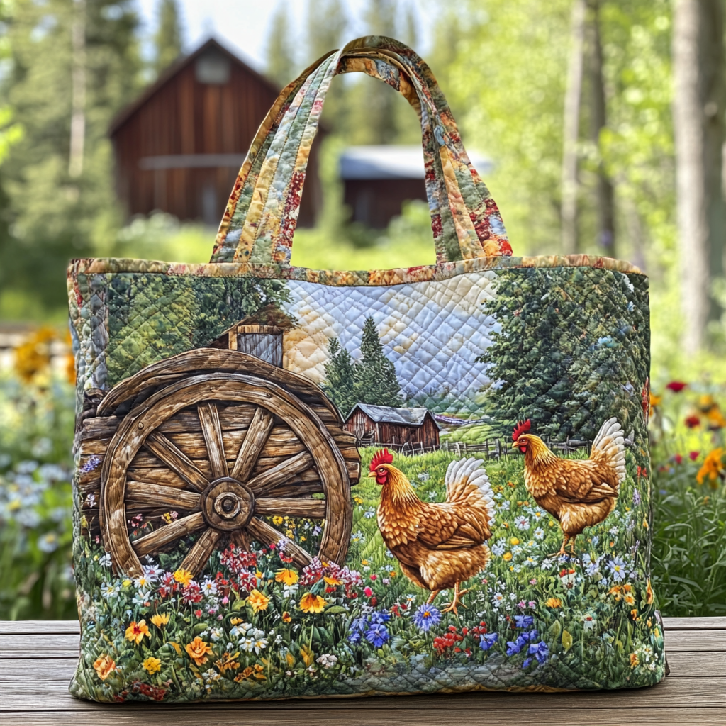 Chicken Parade Quilted Tote Bag Large Tote Bag Gifts With Chickens On Them