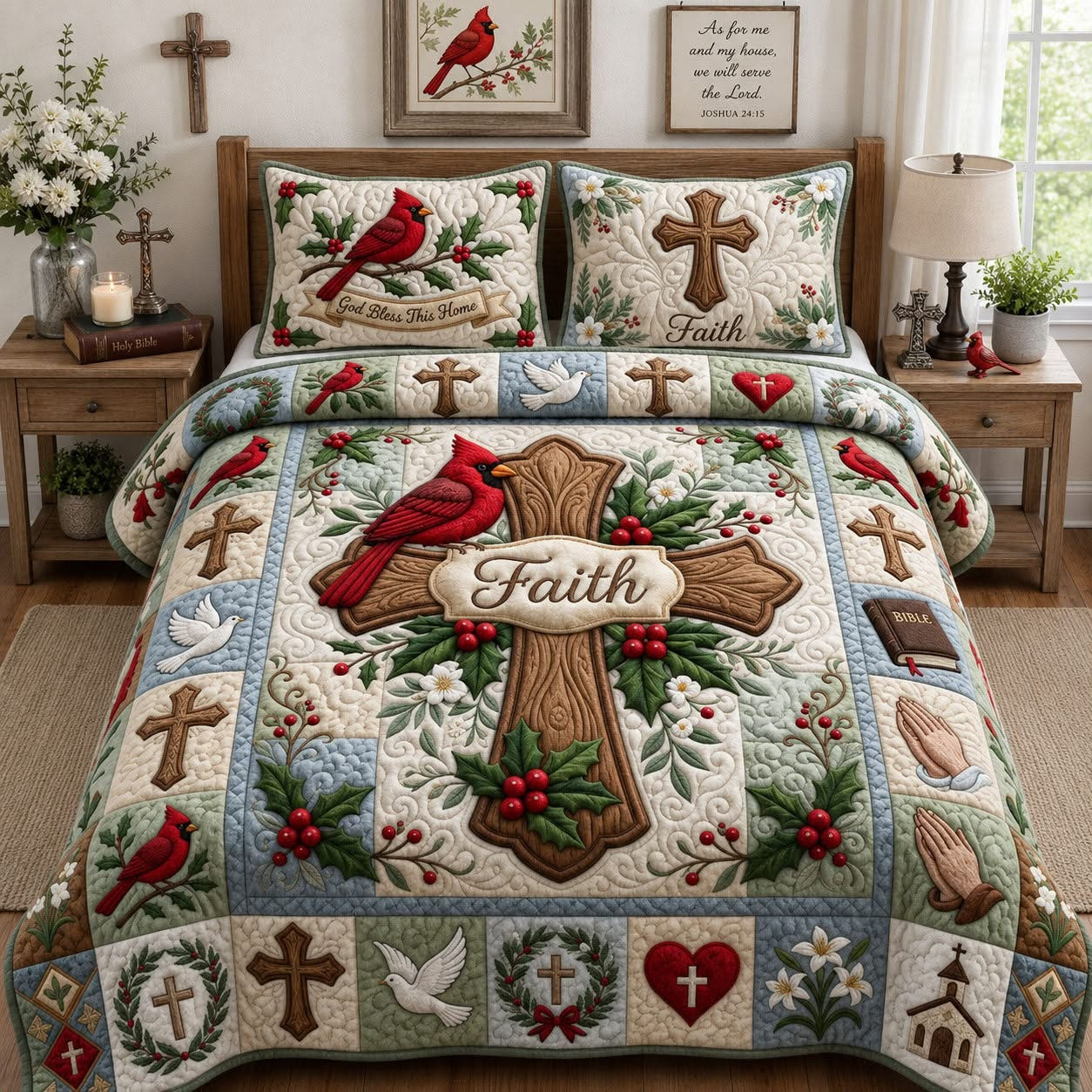 Christian Cardinal Cross Quilt Bedding Set Religious Bedroom Decor Gift Ideas