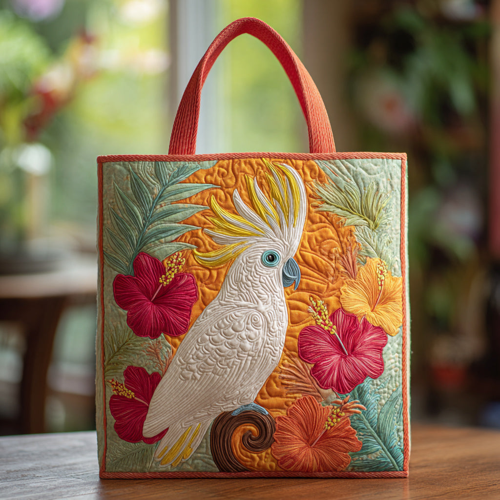 Cockatoo Hibiscus Flowers Quilted Tote Bag Vintage Shoulder Bag Mother's Day Gifts For Grandma