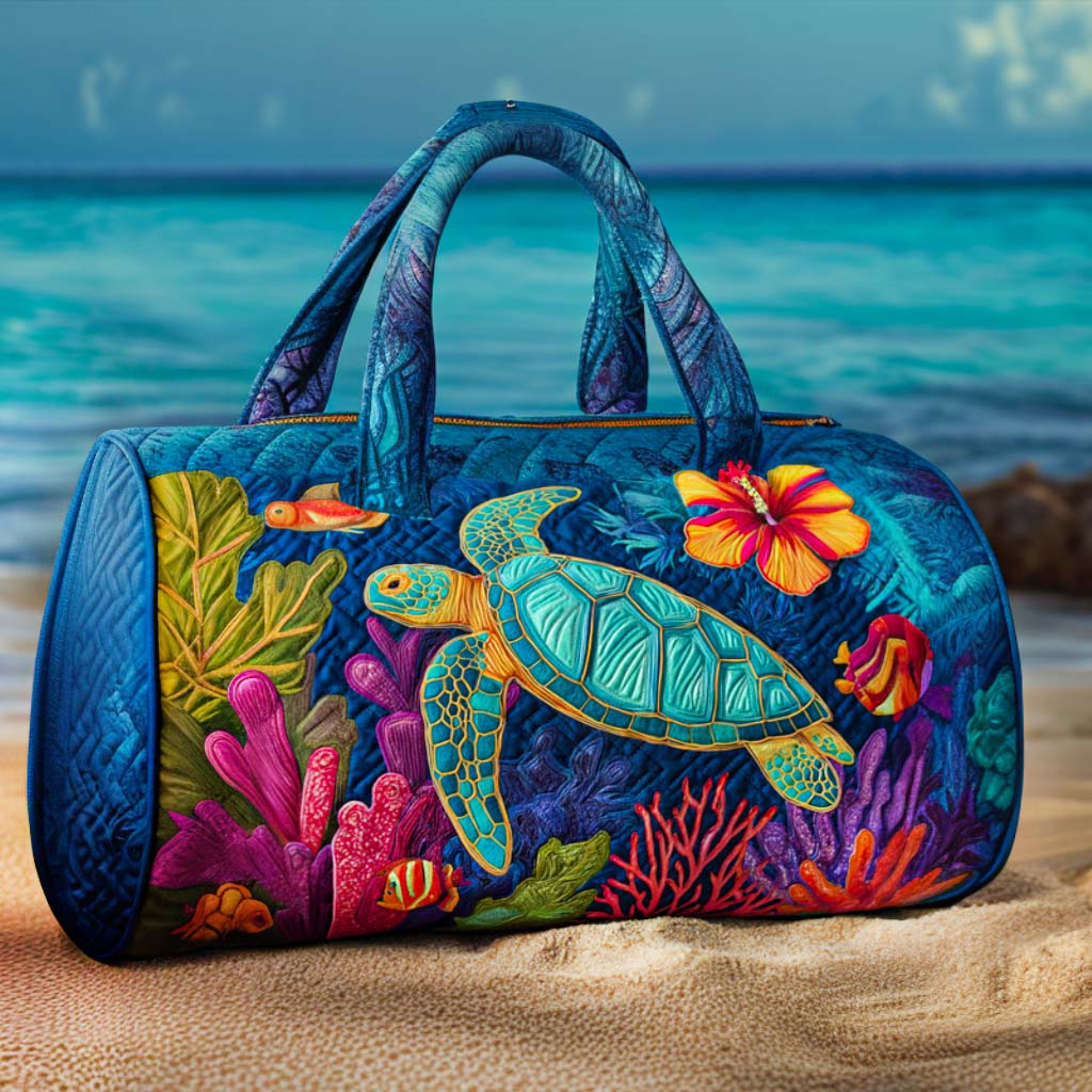 Coral Paradise Quilted Duffle Bag Best Women's Travel Duffle Bag Gifts For Sea Turtle Lovers