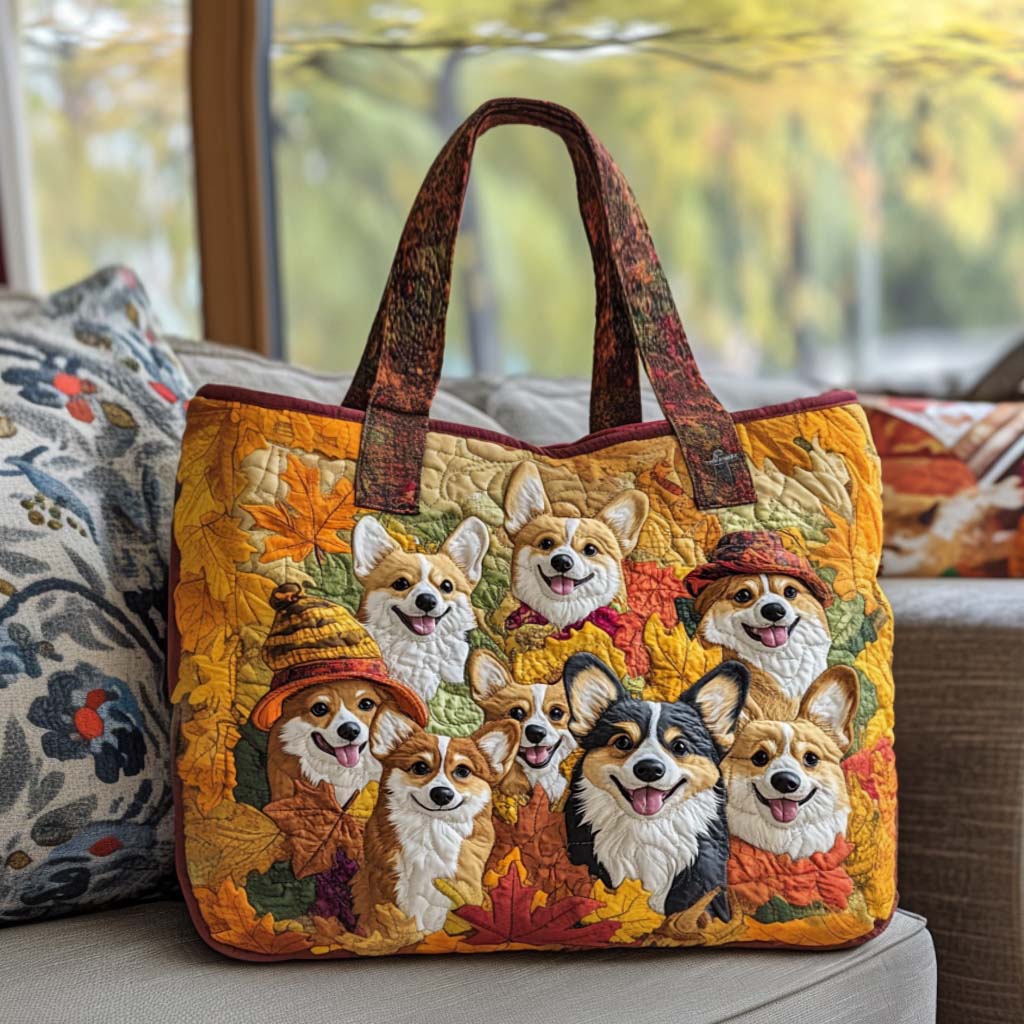 Corgi Autumn Vibes Quilted Tote Bag Cute Tote Bags Beach Themed Gifts For Her