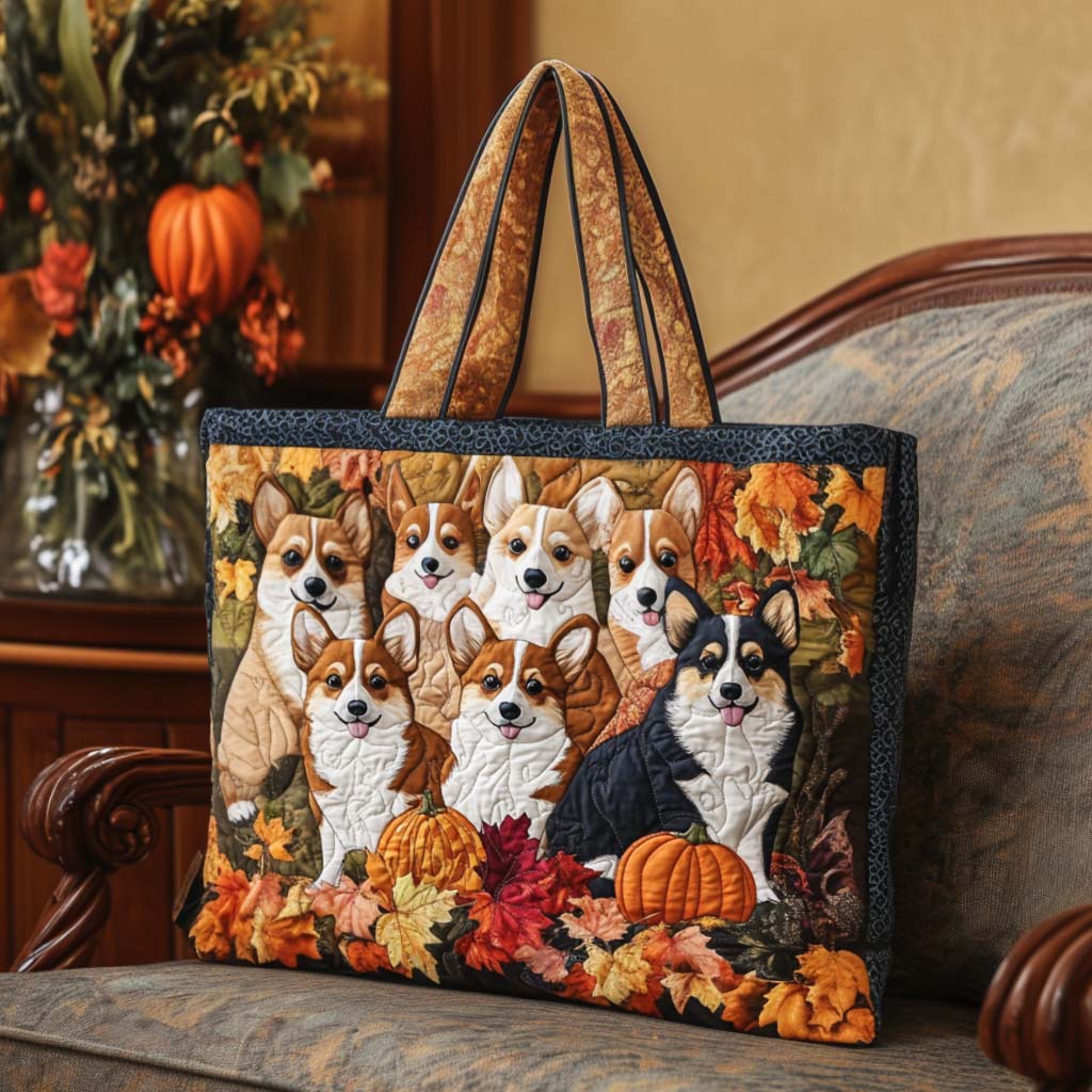Corgi Fall Walk Quilted Tote Bag Trendy Tote Best Gifts For Beach Lovers