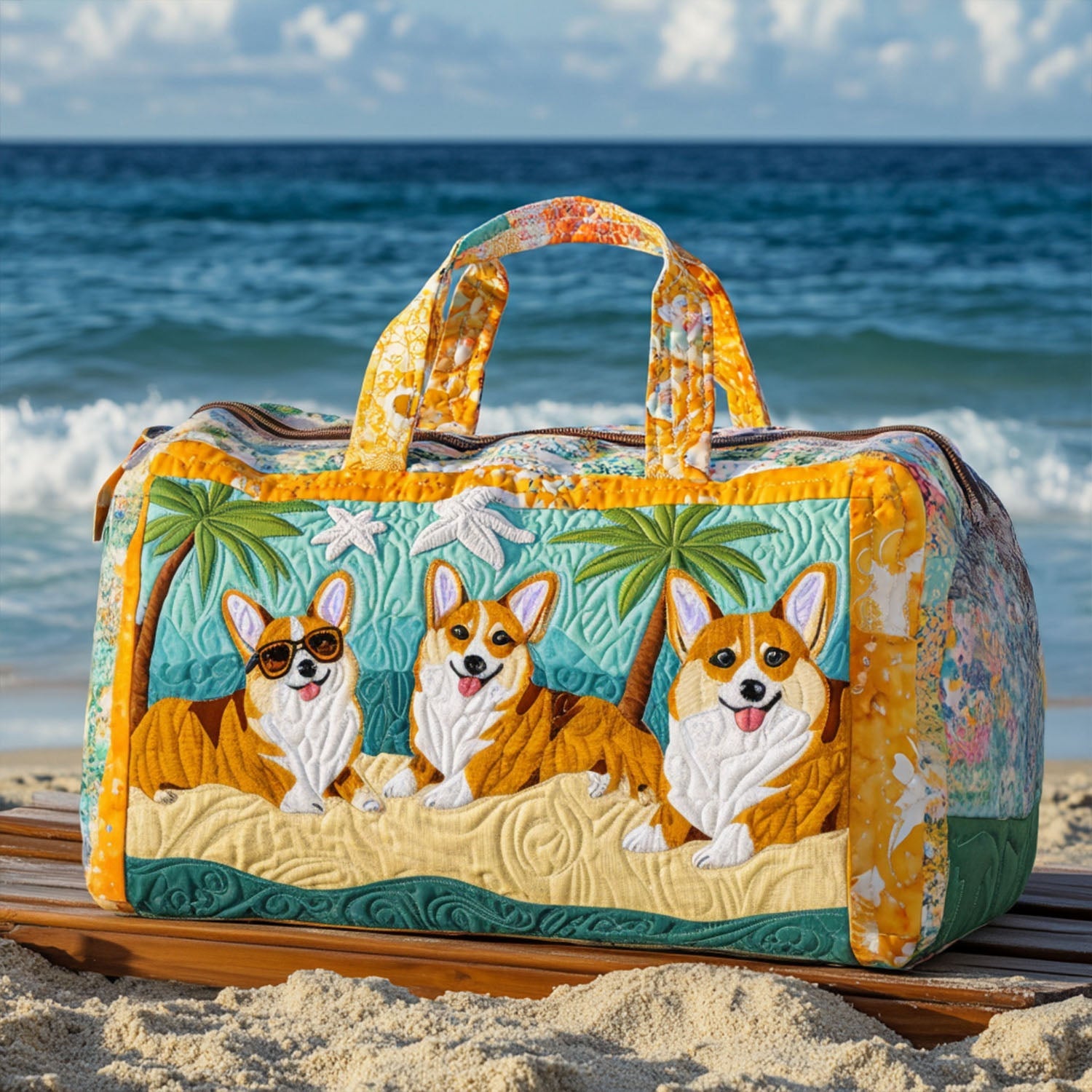 Corgi in the Beach Quilted Duffle Bag Cool Duffle Bags Best Presents For Dog Lovers