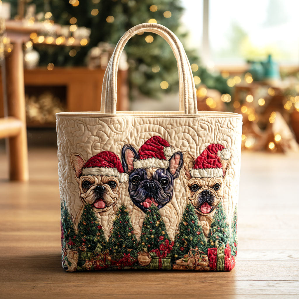 Cozy Holiday Pups Quilted Tote Bag Best Women's Shoulder Bags Frenchie Lover Gifts