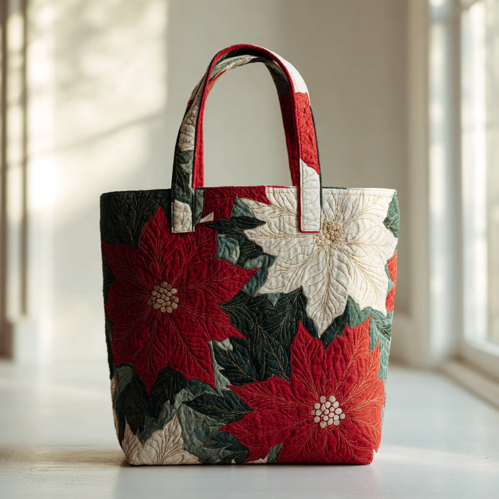 Crimson Poinsettia Quilted Tote Bag Popular Totes Present For Mom