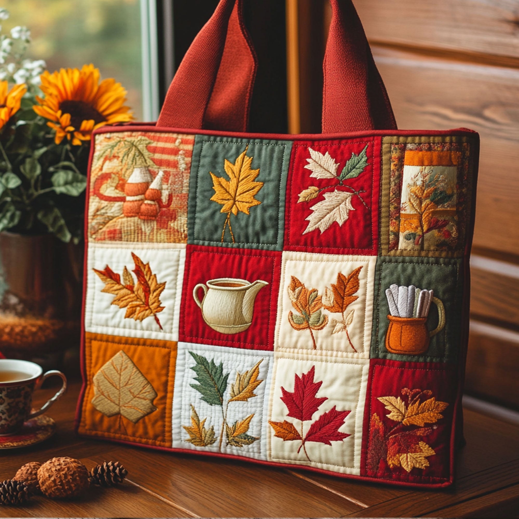 Crisp Autumn Quilted Tote Bag Vintage Shoulder Bag Gift For Mid Autumn Festival