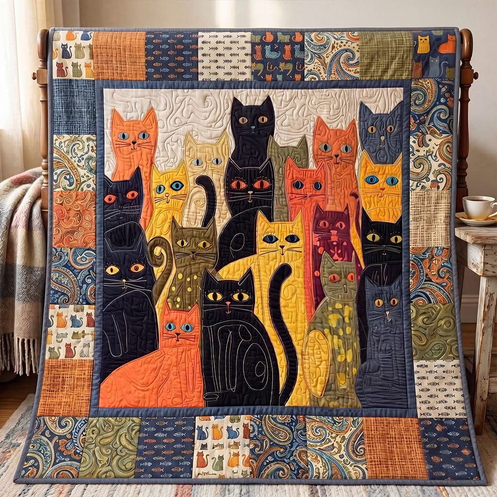 Cute Cat Quilt Blanket Artistic Cats Patchwork Bedding Decor Gift Ideas