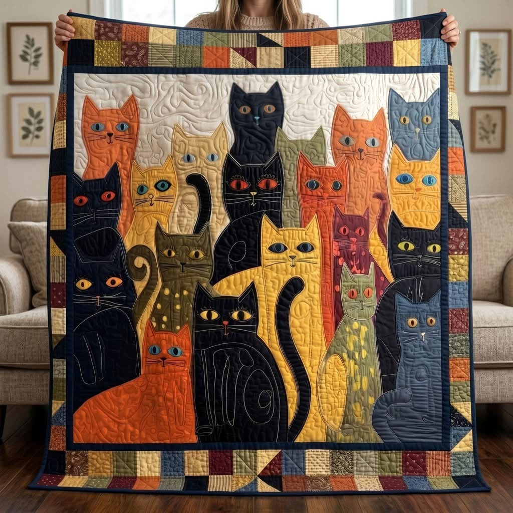 Cute Cat Quilt Blanket Whimsical Home Decor Unique Gift For Animal Lovers
