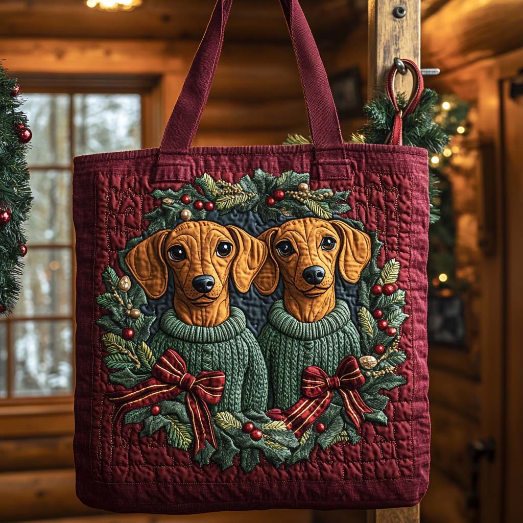 Dachshund Holiday Twins Quilted Tote Bag Best Women's Shoulder Bags Unique Dachshund Gifts