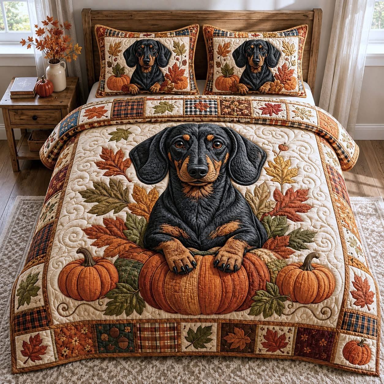 Dachshund Pumpkin Cute Wiener Dog Quilted Bedding Set Autumn Leaves Fall Bed Decor Gift For Dog Mom