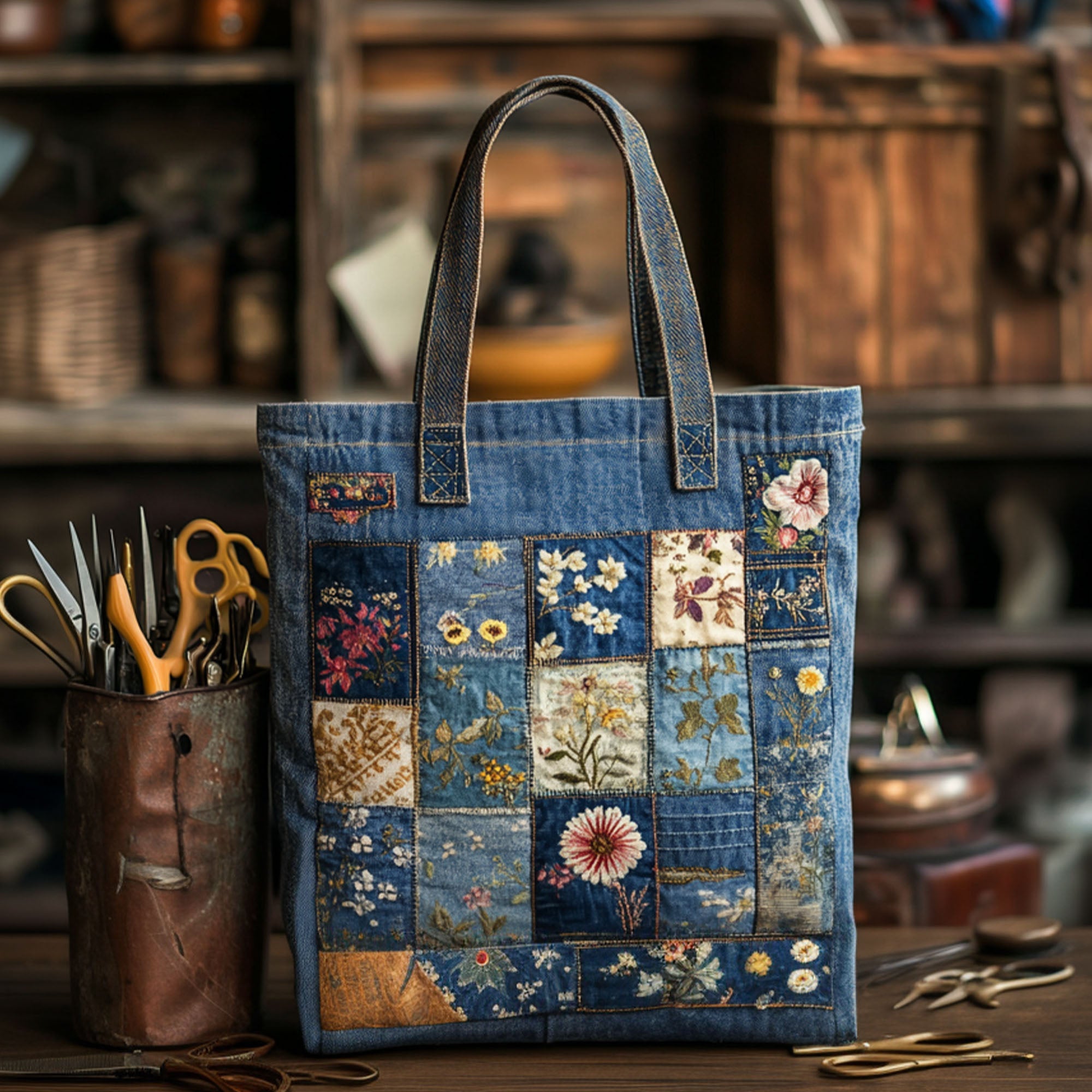 Denim Blossom Quilted Tote Bag Shoulder Bag Gifts To Daughter From Mom - Image 3