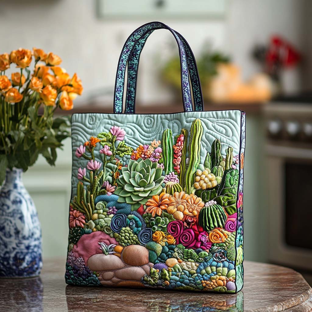 Desert Cactus Bloom Quilted Tote Bag Tote Bags For Women Cactus For Birthday Gift