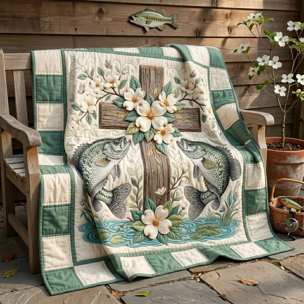 Dogwood Cross Bass Fishing Quilted Blanket Christian Faith Home Decor Gift For Religious Fisherman