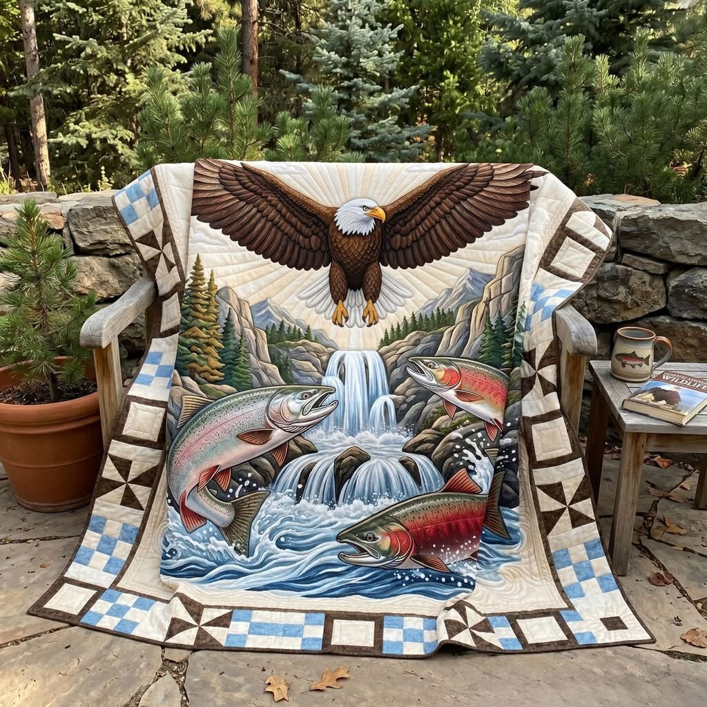 Eagle And Salmon Cascade Quilt Blanket Rustic Cabin Bedroom Decor Gift Ideas