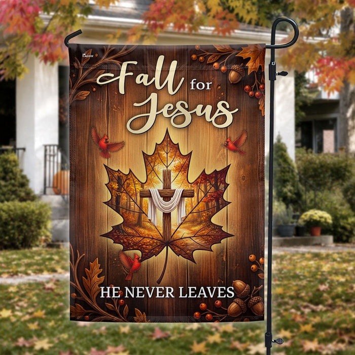 Fall For Jesus Flag He Never Leaves Autumn Maple Leaf Cross Christian US Flag Faith Gift