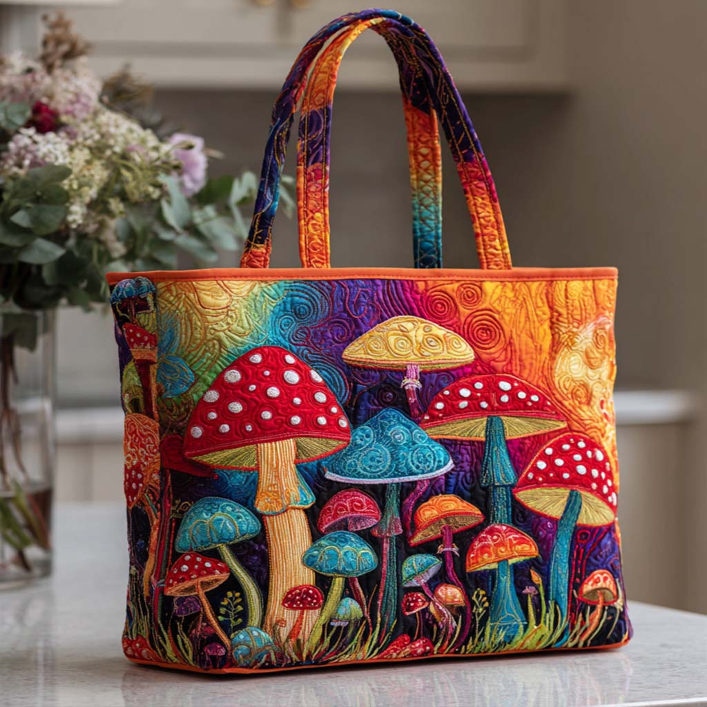 Fantasy Fungi Quilted Tote Bag Top Tote Bags Unique Mushroom Gifts