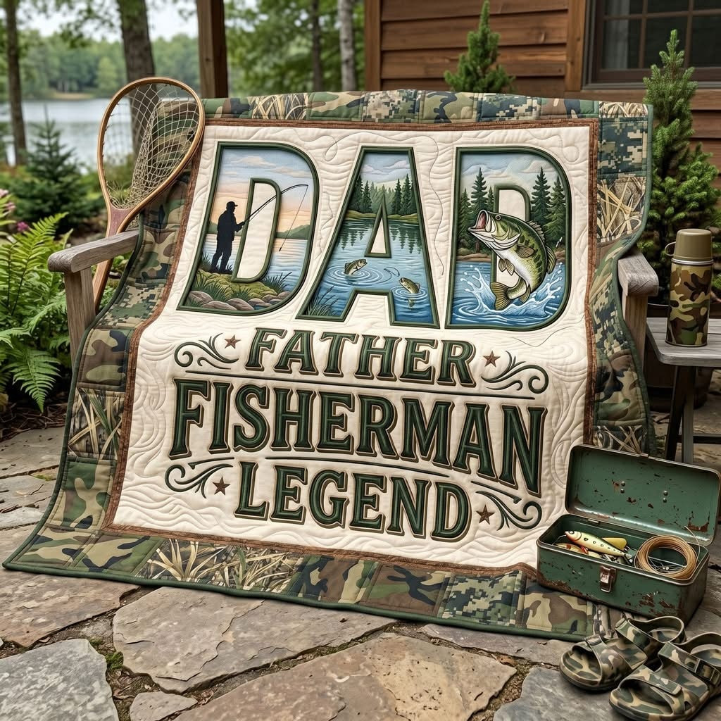 Father Fisherman Legend Quilt Blanket Camouflage Bedroom Decor Gift For Dad