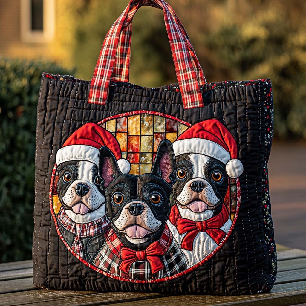 Festive Bulldog Trio Quilted Tote Bag Shoulder Bag Vintage Frenchie Gifts For Her