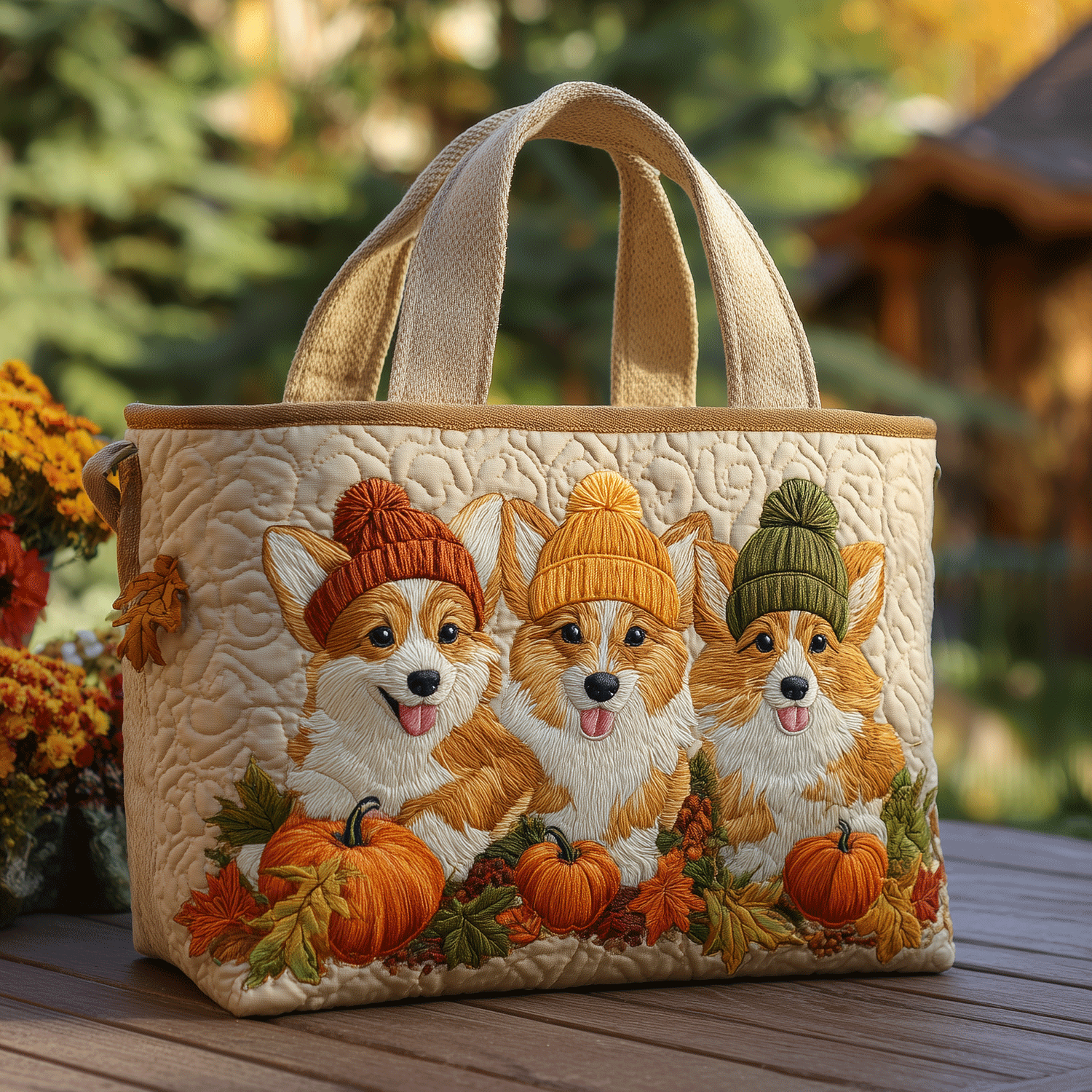 Festive Corgi Friends Quilted Tote Bag Popular Womens Tote Bags Gifts For Corgi Lovers