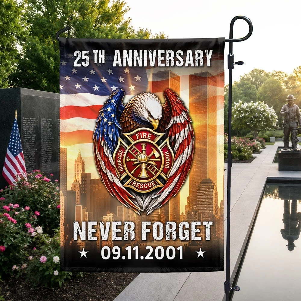 Firefighter 25th Anniversary Eagle Never Forget 9 11 US Flag 911 25th Anniversary Never Forget Merch