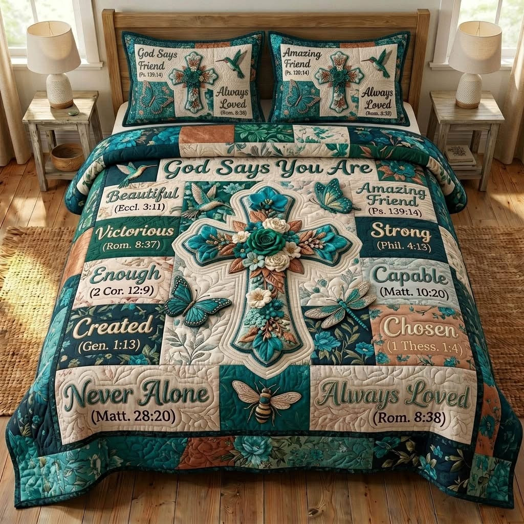 Floral Bible God Says You Are Quilted Bedding Set Christian Cross Butterfly Decor Religious Mom Gift