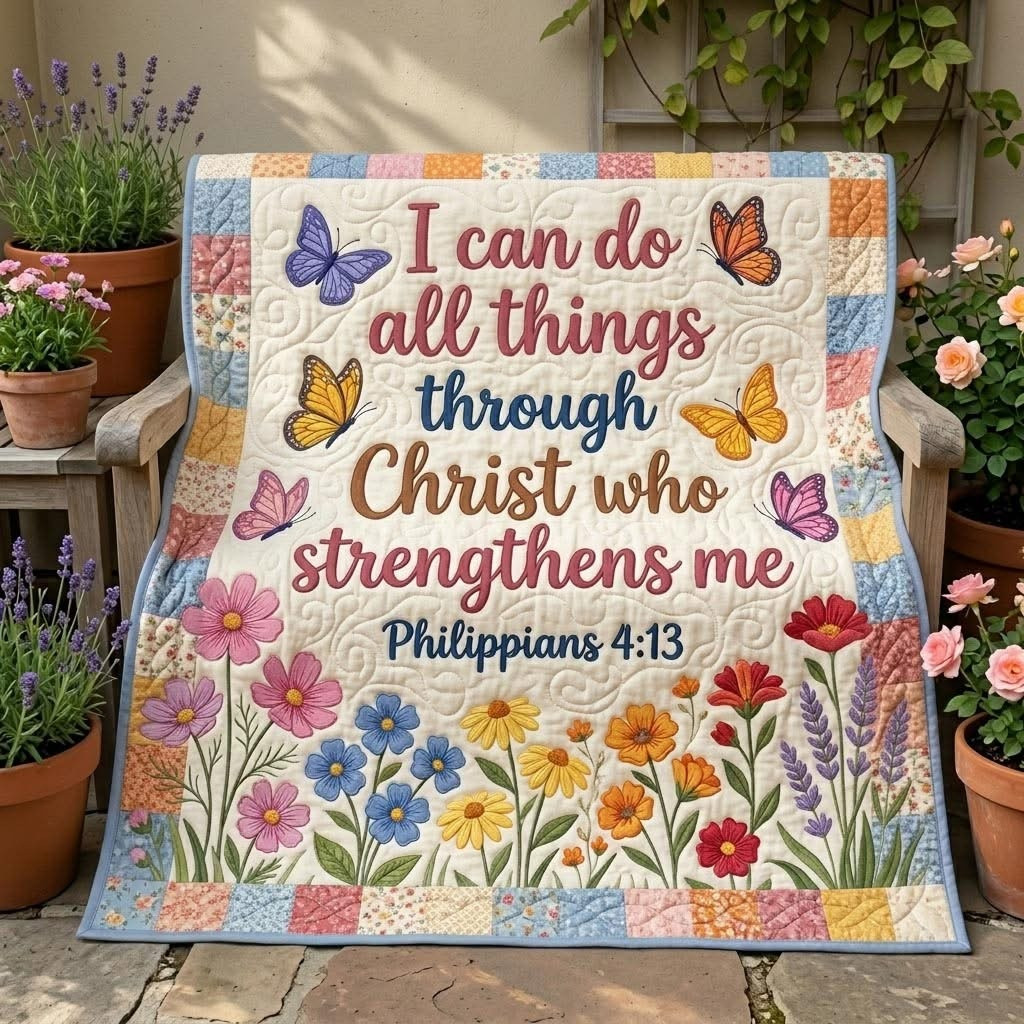 Floral Bible I Can Do All Things Quilted Blanket Christian Cross Butterfly Decor Gift For Her
