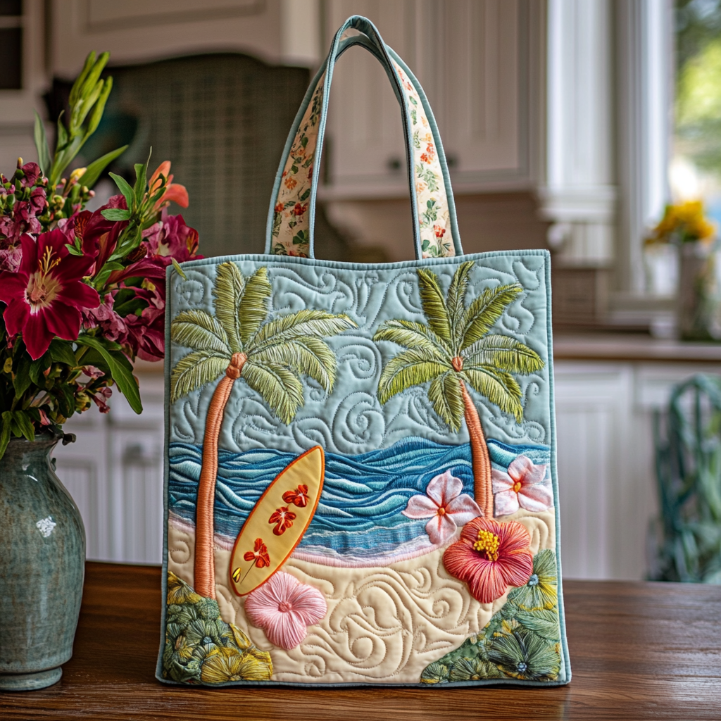Floral Coastline Quilted Tote Bag Trendy Tote Unique Gifts For Ocean Lovers