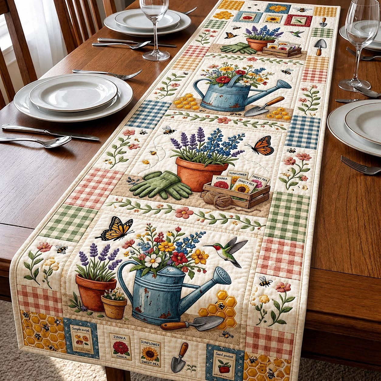 Floral Haven Garden Watering Can Quilted Table Runner Butterfly Hummingbird Home Decor Gift Ideas
