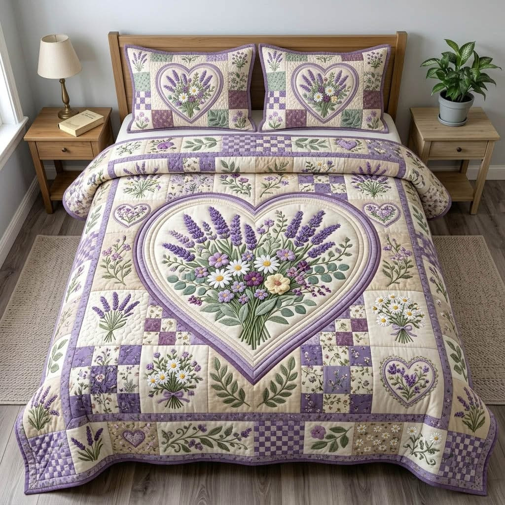 Floral Patchwork Lavender Purple Heart Quilted Bedding Set Country Flower Home Decor Mom's Gift
