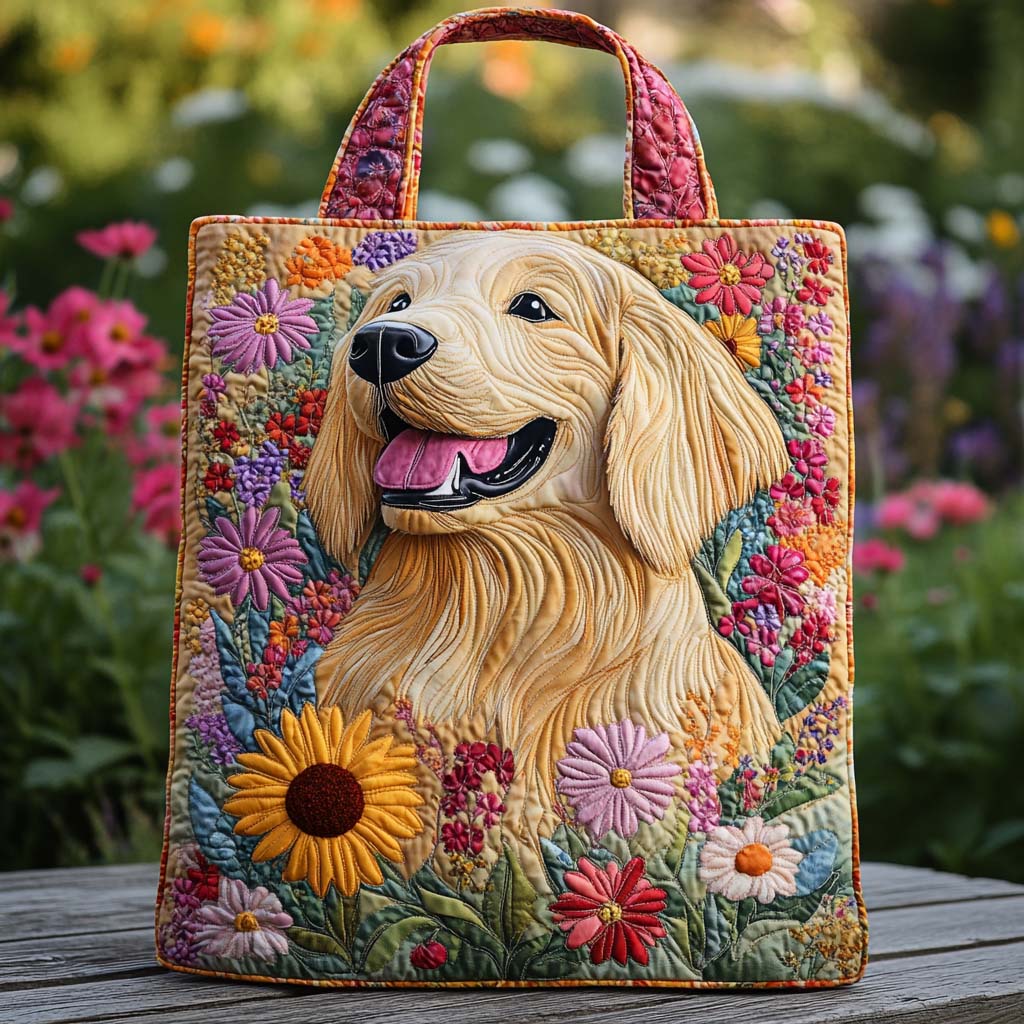 Floral Sunshine Retriever Quilted Tote Bag Famous Tote Bags Gifts For Golden Retriever Owners