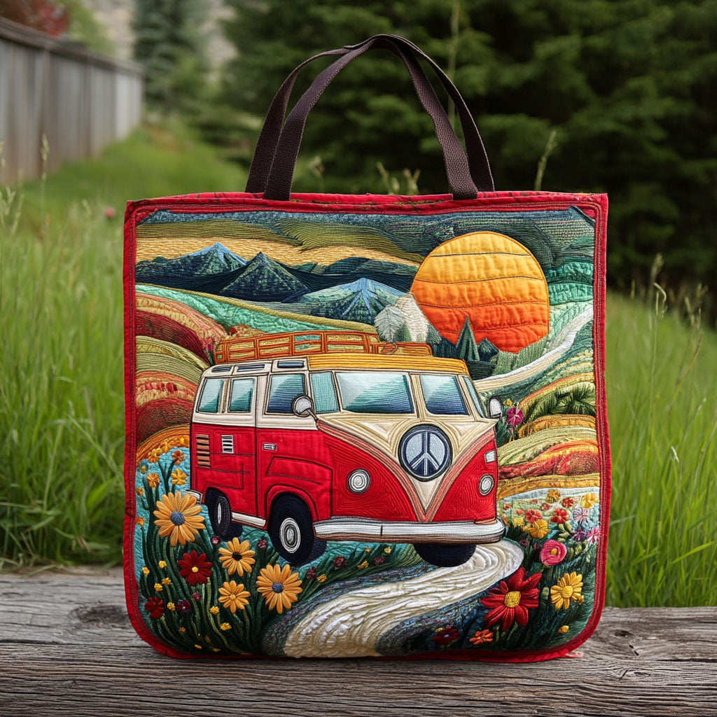Flower Bus Fields Quilted Tote Bag Perfect Shoulder Bag Gifts For Aging Hippies