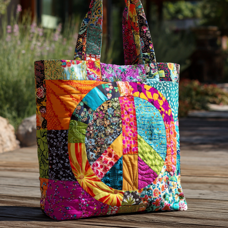 Flower Power Vibes Quilted Tote Bag Shoulder Bag Vintage Hippie Gifts Ideas For Her
