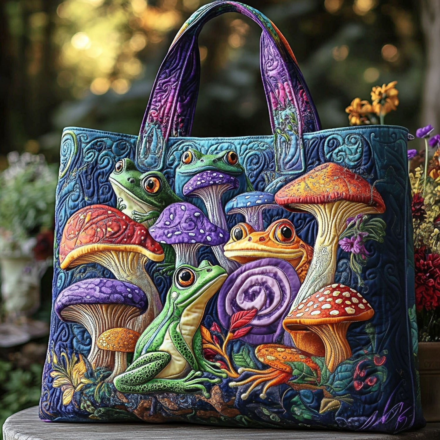 Froggy Meadow Quilted Tote Bag Travel Shoulder Bag Gift For Frog Lover
