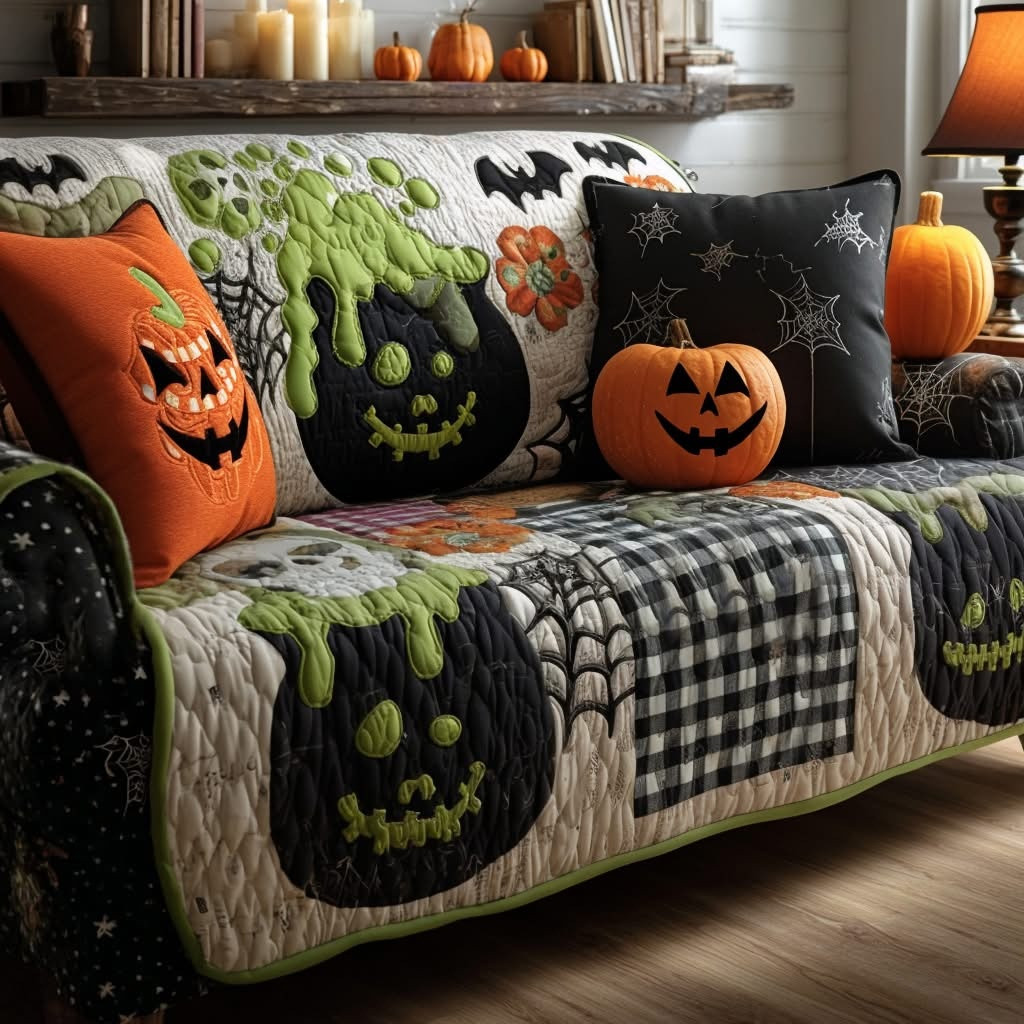 Ghostly Potions Halloween Pumpkin Cauldron Quilted Sofa Cover Spooky Home Decor Halloween Fans Gift