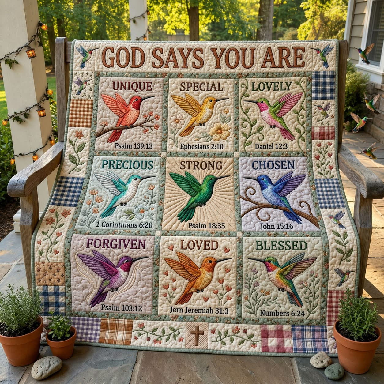 God Says You Are Bible Verse Hummingbird Quilted Blanket Christian Bed Decor Religious Men Gift
