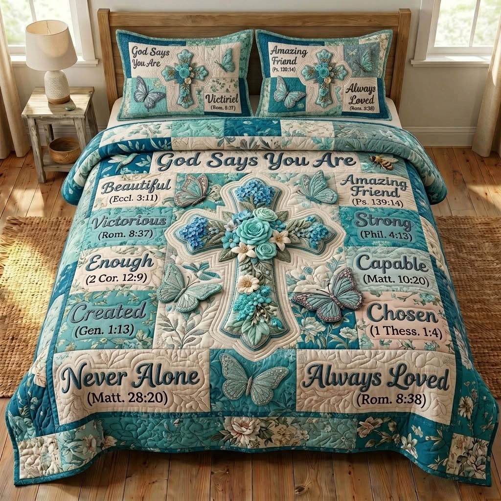 God Says You Are Bible Verse Quilted Bedding Set Christian Floral Cross Bedroom Decor Gift Ideas
