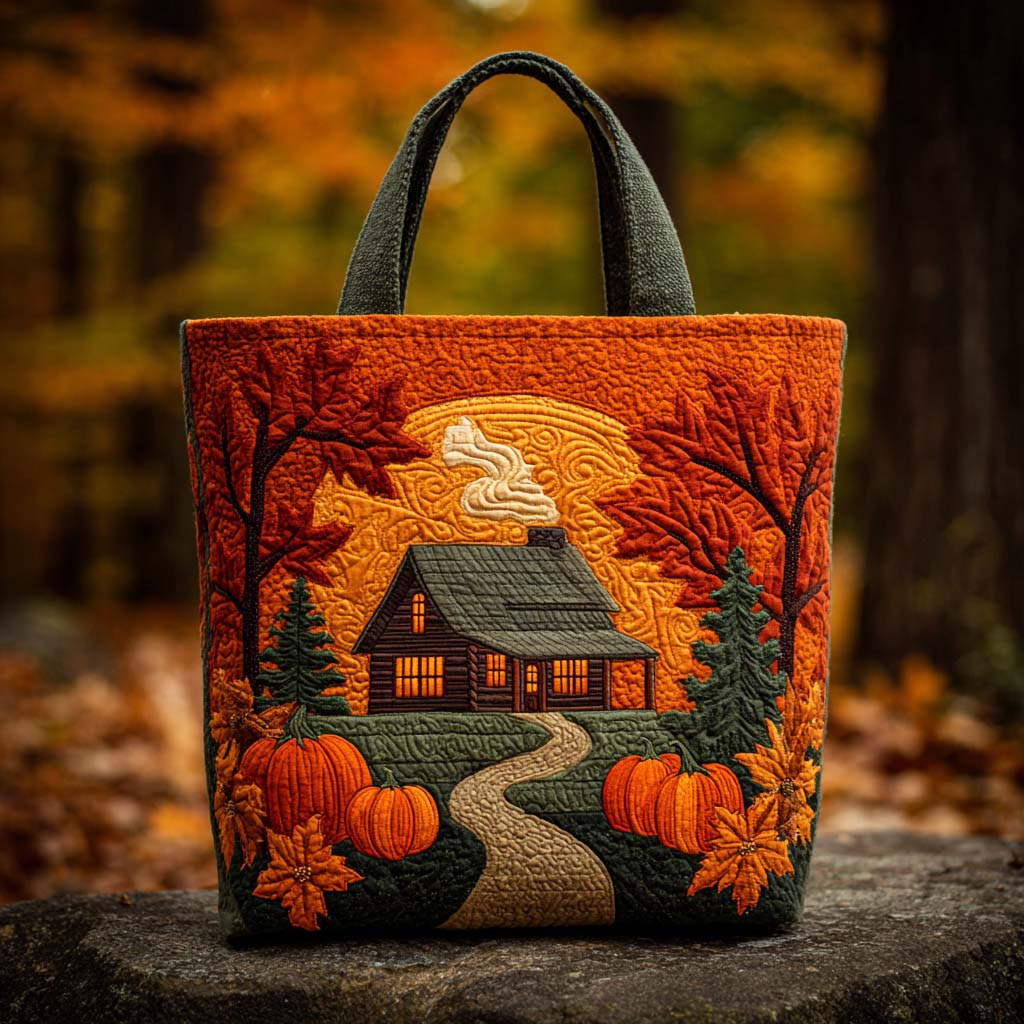 Golden Leaf Path Quilted Tote Bag Shoulder Handbag Unique Fall Gifts