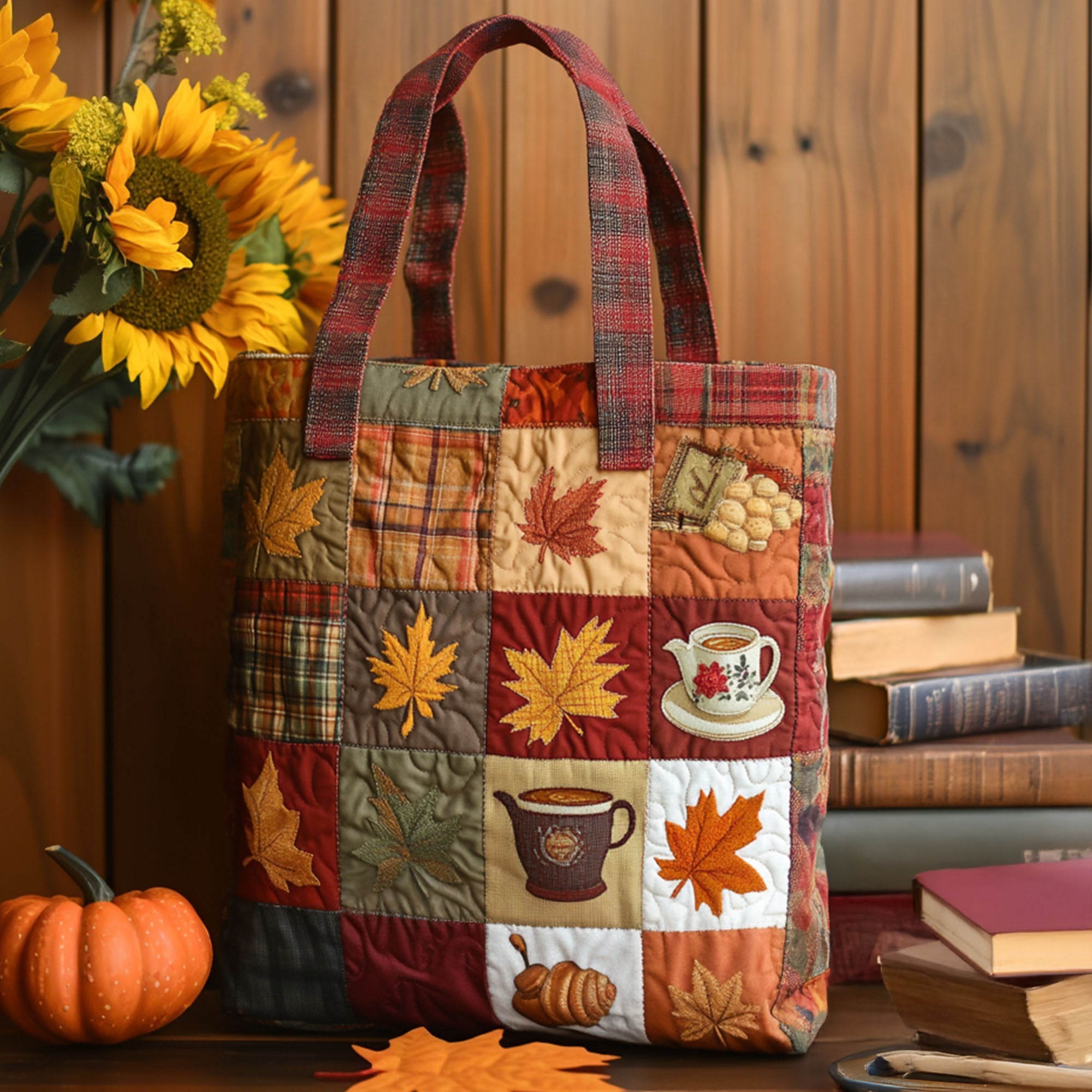 Golden Leaves Quilted Tote Bag Travel Shoulder Bag Mummy Daughter Gifts - Image 3