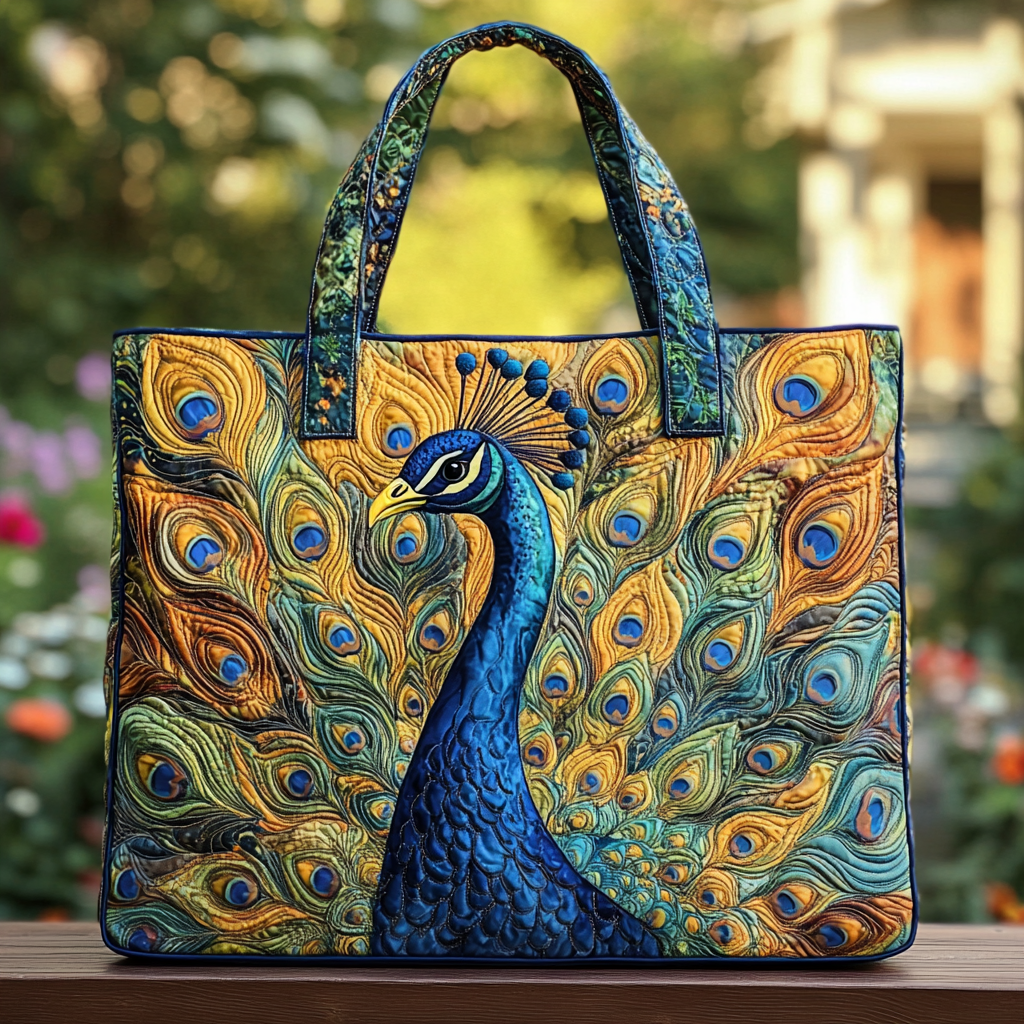 Golden Peacock Quilted Tote Bag Quilted Shoulder Bag Peacock Themed Gifts